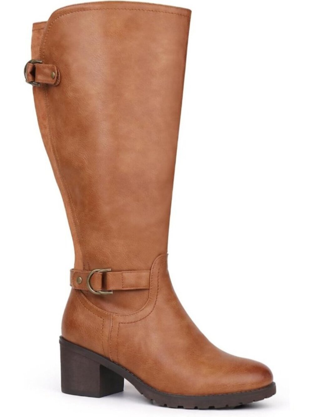 Women's Tan Wide Calf Knee High Riding Boots Double Buckle Block Heel Round Toe